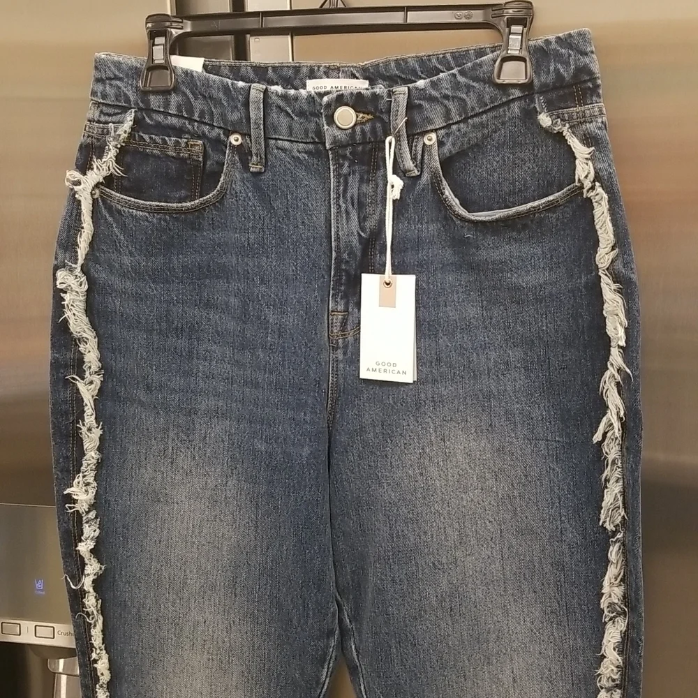 💕GOOD AMERICAN💕 Good Boy Side Frayed Straight Leg Jeans ~ Blue 818 8/29 NWT